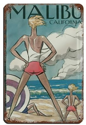 Vintage Malibu California Beach Retro Poster Metall Blechschild Chic Kunst Retro Eisen Malerei Bar Menschen Höhle Cafe Familie Garage Poster Wanddekoration 20 x 30 cm