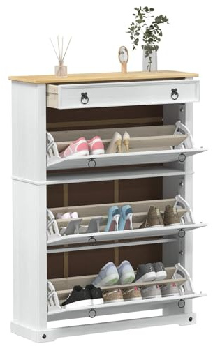 vidaXL Schuhschrank Corona Weiß 99 x 32 x 138 cm Massives Kiefernholz, Viel Stauraum, rechteckig, rustikal, langlebig, Holzmaserung, Tisch für Wohnzimmer, Küche, Büro oder Außenbereich