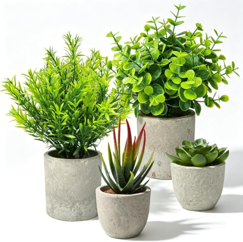 Der Rose 4 Pack Artificial Plants in Pots, Eucalyptus Rosemary Succulents | Four mixed mini plants for busy households and home workers, for kitchens, office desks, bathroom shelves and bedrooms