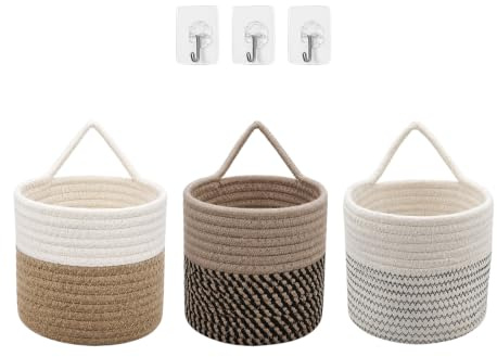 6er Set Hängekörbe Baumwollseil geflochten, 15x16 cm Haken | für Küche Bad Tür, Hängeaufbewahrung, Wandorganizer, Korb zum Aufhängen