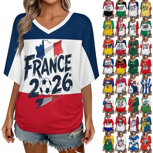Maillot Equipe de France Foot 2026 Tee Shirt Femme - Été Supporter Football T-Shirt Musique Mode Streetwear Impression pour Les Fans de Sport