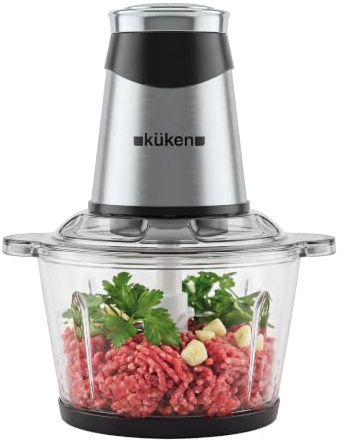 KUKEN Picadora Eléctrica 300W Con Vaso De Cristal 2 Litros, Trituradora De Alimentos Con 2 Velocidades, Picadora Con Cuchillas De Acero Inoxidable De 4 Filos