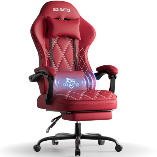 SOLAVERO Silla Gaming con Masajeador y Tela Perforada Transpirable (Rojo) | Asiento de doble capa, cojín lumbar con masaje USB, reposapiés, respaldo reclinable de 90 a 135 grados, carga 150 kg