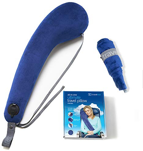 TRAVELREST All-in-One Neck & Body Pillow, Advanced Support Design, Travel Essential, Memory Foam Inserts, Washable Velour Cover, Inflatable, Airplane, Car Seat, Sleeping on Long Flights & Trips (Blue)