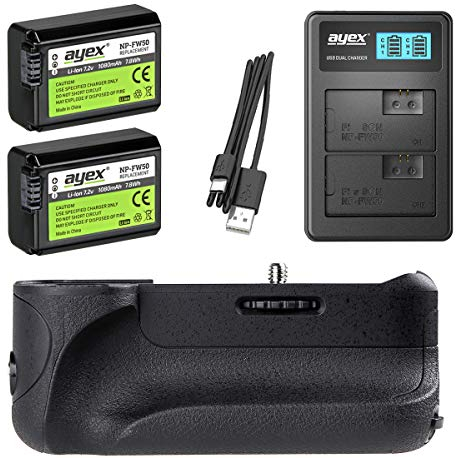 ayex Battery Grip For Sony Alpha A6300, A6000 (As VG-A6300) With 2X NP-FW50 Battery and Dual USB Charger (3-TLG)