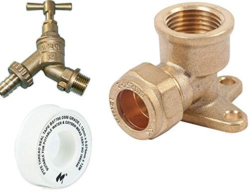 Outside Hose Union Bib Tap DZR with Double Check Valve 1/2 BSP Thread Including 15mm Compression Back Plate Elbow & PTFE Tape