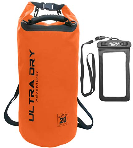 Premium Wasserdichte Tasche, Sack mit Handy-Trockentasche und langem, verstellbarem Schultergurt, ideal für Kajakfahren/ Bootfahren/ Kanufahren / Rafting / Schwimmen / Camping (Orange, 30 Liter)