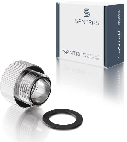 SANTRAS® Reduzierstück inkl. Wasserspar Set 3/4 Zoll Innengewinde auf 1/2 Zoll Außengewinde in Chrom – Verchromter Adapter zur Reduzierung auf 1/2 Zoll für Brauseschläuche aus hochwertigem Messing