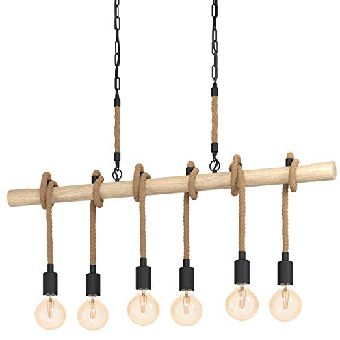 EGLO Pendelleuchte Youngstown, 6 flammige Hängelampe Vintage, Industrial, Retro, Hängeleuchte aus Stahl, Holz und Naturseil, Esstischlampe, Wohnzimmerlampe hängend in Schwarz, Natur, E27 Fassung