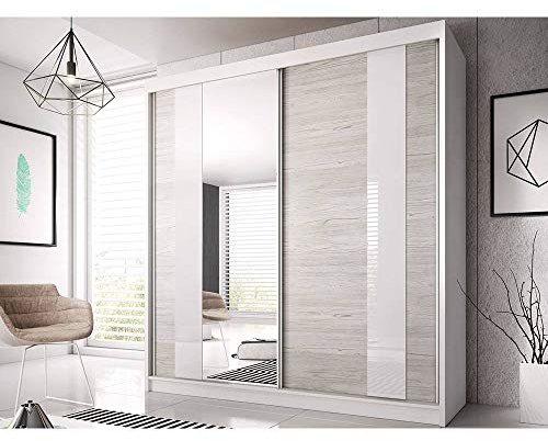 MOEBLO Kleiderschrank Schwebetürenschrank mit Spiegel 2-türig Schrank mit vielen Einlegeböden und Kleiderstange Gaderobe Schiebtüren BxHxT 203x218x61 - Ben 32 (Weiß)