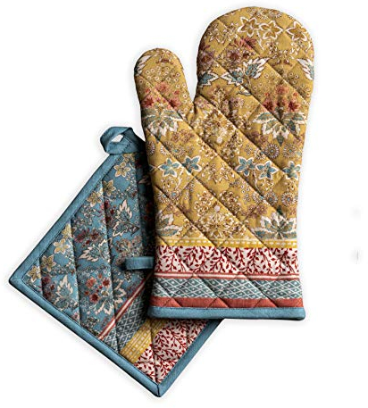 Maison d' Hermine Ofenhandschuh(19cm x 33cm) & Topflappen(20cm x 20cm) Set aus 100% Baumwolle, hitzebeständig zum Grillen, Ostern, Kochen, Backen, Grillen, Marquise – Frühling/Sommer