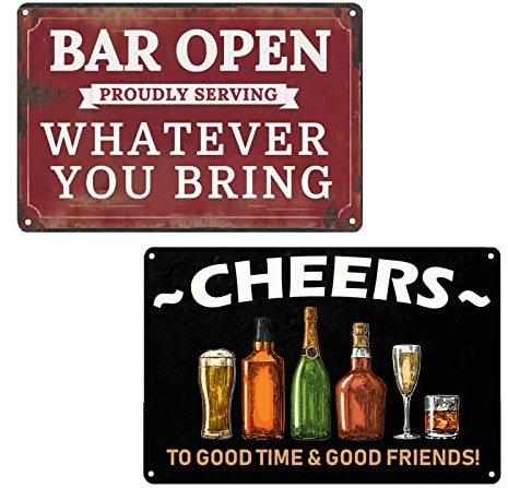 VSIIKO Bar Open and Cheers Lustiges Metall-Blechschild Home Bar Schilder für Männerhöhle, Kaffee, kleine Vintage-Wanddekoration für Männer, 20,3 x 30,5 cm (2 Stück)