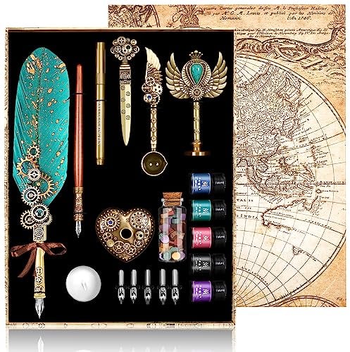 MPRINCE Federkiel und Tinte Set, Feder Feder Tinte Set enthält Federkiel, Holzstift, 5 austauschbare Federn, 5 von Tinte, Siegel, Wachsperlen, Umschlag und Briefpapier Etc-Grün