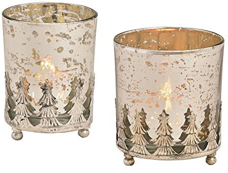 Weihnachtliche Windlichter 2er Set – Glas & Metall – Tannenbaum-Dekor – Vintage-Look – Ø 10/8 cm – Höhe je 11 cm – Weihnachtsdeko (Windlichter Tannenbäume Used Look 2er Set)