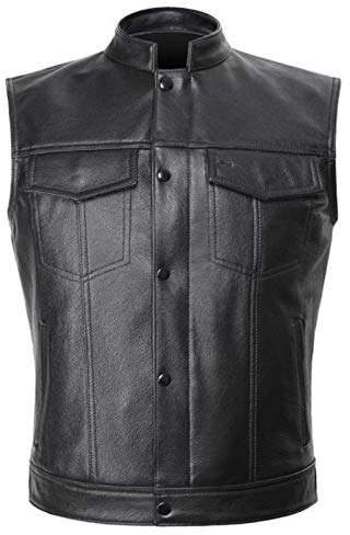 HXSZWJJ Motorradfahrer Lederweste Mens Echtes Leder Ärmel Jacken Kuhfell Weste (Color : Black, Size : L.)