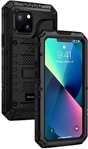 seacosmo iPhone 13 Wasserdicht Hülle, Militärstandard Schutzhülle mit Eingebautem Displayschutz Stoßfest Metall Handyhülle für iPhone 13, Schwarz