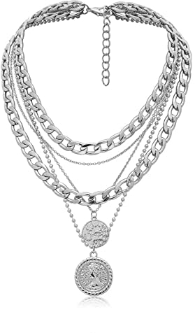Sttiafay Punk Chunky Kettenkette Übertrieben Geschichtete Kubanische Gliederkette Halskette Mehrschichtig Geschnitzte Münze Anhänger Halskette Dicke Choker Schmuck Für Frauen (Silber)