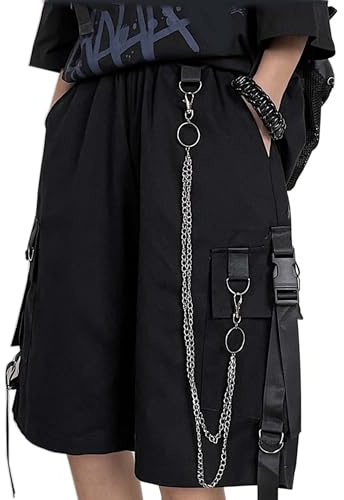 MEINVQIAOTI Schwarze Cargohose für Damen, Street Harajuku, lockere, gerade Shorts, Schwarze Hose mit Ketten