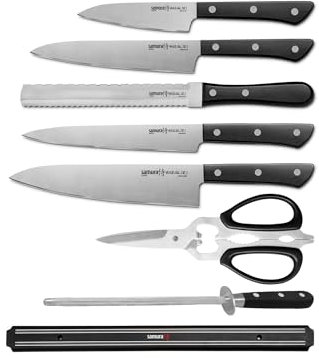 Samura Harakiri Japanese Knife Set for Hobby Chefs | 8 in 1 Professional Kitchen Knife Set with 5 Knives, Kitchen Scissors, Knife Sharpener and Magnetic Knife Holder | Masterful Kitchen Accessory Set