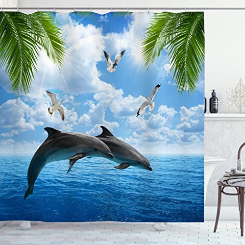 OCEUMACO Rideau de Douche 3D Motif Dauphin Mer Anti Moisissure Rideaux Baignoire Feuillage Oiseaux Imprimé Long Polyester Tissu Imperméable 200x200 cm Lavable Machine avec Anneaux - Bleu