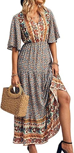 Women's Summer Casual Maxi Dress Bohemian Floral V Neck Puff Short Sleeve Ethnic Style Beach Tiered Sundress Long Swing Dress (Yellow, Large)