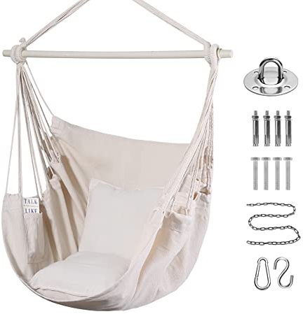 Goutime Silla Columpio Silla de Hamaca Grande de algodón Suave con Dos Cojines Almohada con Bolso Interior/Exterior/Dormitorio terraza jardín balcón 330 LB (Beige)