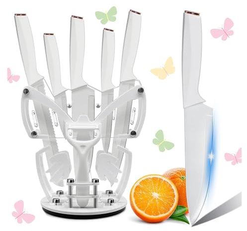 Couteaux Cuisine, Set de 6 Couteaux de Cuisine Blanc avec Porte - Couteau Transparent, Couteau de Cuisine Professionnel Multifonctionnel en Acier Inoxydable, Cadeaux pour la famille (Blanc)
