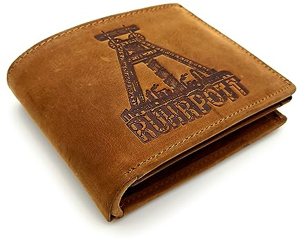 Lemasi echt Büffel Voll-Leder Geldbörse für Männer, naturbelassenes Hunterleder Portemonnaie Ruhrpott Ruhrgebiet Förderturm mit RFID NFC Schutz (Querformat Cognac)