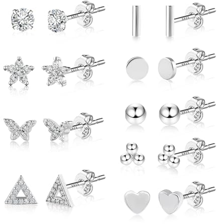 Kleines Ohrstecker Set für Damen, 9 Paar Hypoallergen Sterlingsilber Kugelstab-Pad Herz Dreieck Schmetterling Blume CZ flache Scheibe schlafender Knorpel Silber-Ohrstecker mehrere Piercings