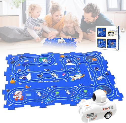 Topsheper Puzzle Track Car Play Set, Puzzle Racer Kids Car Track Set for Children's Educational, Magic Race Jigsaw Tracks kids' play vehicles, Trackmaster Car Race Track Toy for Boys (Space Theme)