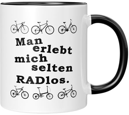 TassenTicker - Man erlebt mich selten Radlos - Tasse mit Spruch - Fahrradliebhaber - Geschenk für Biker - Fahrrad - Für Männer Frauen - Beidseitig bedruckt - Schwarz
