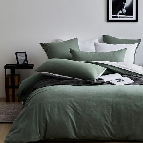 MILDLY Housse de Couette 140x200 Coton - Certifié Öeko-Tex - Vert Sauge | Housse de Couette avec Fermeture Éclair, 100% Coton Lavé, Texture Lin, Parure de Lit avec 1 Taie d'oreiller 65x65 cm