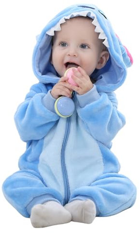 Baby Overall Winter Baby Strampler Warm Flanell Dinosaurier Einhorn Kostüme für Baby, Cute Onesie Schlafanzug Kapuze Kinder Pyjamas Schlafsack mit Ärmel Füßen Blau 80(6-12 Monate)