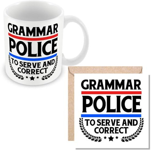 MUGGZ Work Colleague/Friend Funny Gift Mug & Card - Grammar Police to Serve and Correct - Giftset - Made in The UK