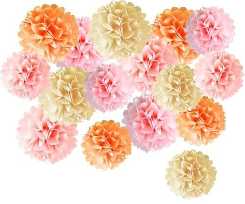 TYXHXTF 16Pcs Pompons Papier de Soie, Orange, Suspension Boule de Fleur en Papier, Decoration Bapteme, pour Fête et Mariage, Fête d'Anniversaire