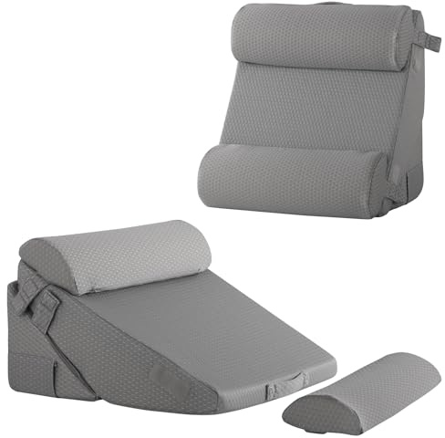 Bedluxe Verstellbares 4-teiliges Bettkeilkissen-Set, Memory-Schaum-Keilkissen nach Operationen für Rücken, Nacken, Beinschmerzen, Kissen-Keil zum Schlafen, Sitzen im Bett, Säurereflux und GERD, Grau