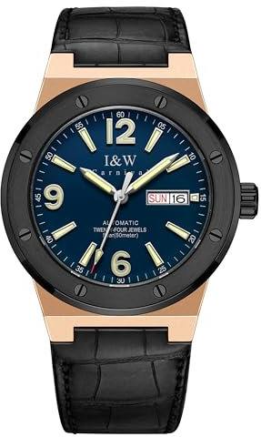 TEINTOP I&W Automatik Uhr Herren Mechanische Uhren Japanische Bewegung Lederarmband Armbanduhren (Roségold Schwarz Blau)