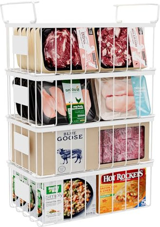 lonpute Chest Freezer Organizer Baskets With Tag, Stackable Freezer Organizer Bins for Most 7 Cu.FT Freezer Sort Frozen Meats, White, 4 Pack
