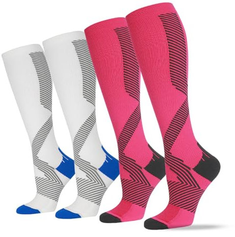 ONDACORE Kompressionsstrümpfe Sport, Laufstrümpfe Damen & Herren, Kompressionssocken mit Anti-Blasen Schutz，Stützstrümpfe für Muskelerholung & Workouts(Weiß/Rosa,L-XL)