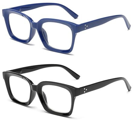 Hubeye 2er-Pack Lesebrille Damen und Herren übergroße Quadratische Rahmen mit Federscharnier Komfortabel Lesehilfe Blaue Licht Blockieren Brille 2.00