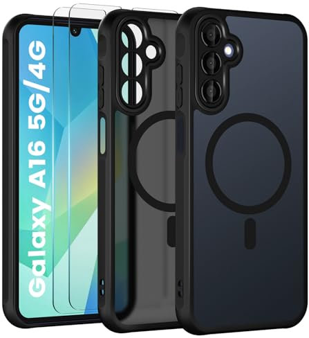 Yohii Cover Magnetica per Samsung Galaxy A16 5G/4G e Protezione Fotocamera con 2 Pezzi Vetro Temperato, [Compatibile con MagSafe] Custodia Traslucida Opaca Posteriore Antiurto Protettiva Case, Nero