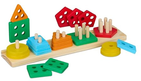 Relaxdays Sortier- und Stapelspielzeug, 5 versch. Formen, Holzspielzeug ab 3 Jahren, Motorikspielzeug, Stapelturm, bunt