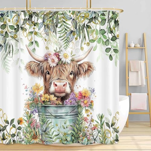 Rideau de douche vert sauge, motif vache des Highlands, feuilles aquarelles, feuilles et fleurs, style ferme, animaux amusants, accessoires de salle de bain avec crochets, 122 x 177 cm