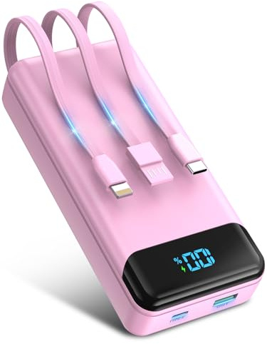 Power Bank 27000mAh, Portable Charger PD20W & QC3.0 Fast Charging with Built-in 3 Cables, 4 Outputs & 3 Inputs Powerbank with LED Display for iPhone, Tablets and More