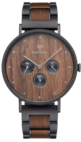 Kerbholz - Holzuhr für Herren - Caspar - analoge Quarz Multifunktionsuhr - Chronograph mit Ziffernblatt aus Holz - Uhr für Männer mit hochwertigem Lederarmband - Ø 42mm (Walnut Schwarz Stahl)