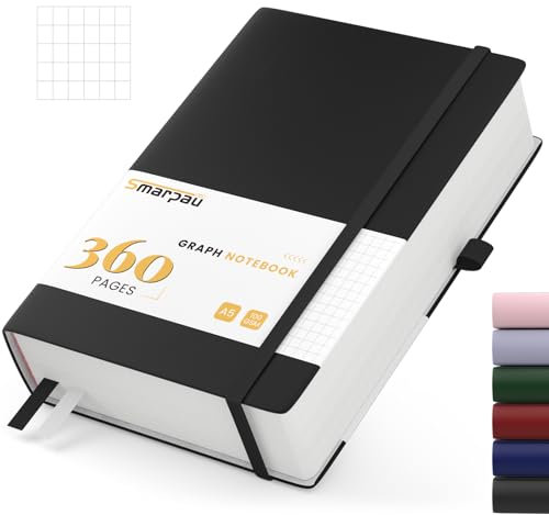 Smarpau Notizbuch A5 Kariert, Hardcover mit 100gsm 360 Seiten Dickes Journal, Tagebuch Leder, Notizblock für Erwachsene Arbeit, Schreiben, Notizen, Lernen, Reisen, 14.5 x 21 cm-Schwarz