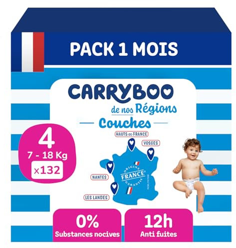 Carryboo - Windeln Größe 4 (7-18 kg) – gesund und extrem saugfähig – 12 Stunden auslaufsicher – ohne unerwünschte Substanzen – hergestellt in Frankreich – erschwinglicher Preis – 132 Einwegwindeln