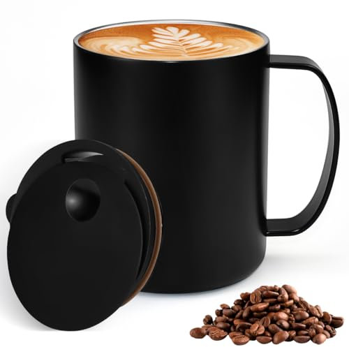 HWSWSH 400ml Tasse à Cafe Isolée en Acier Inoxydable, Tasse à Café Expresso à Double Paroi avec Couvercle Coulissant et Poignée, Mug Cafe Thermique pour Café, Thé, Boissons (Noir)