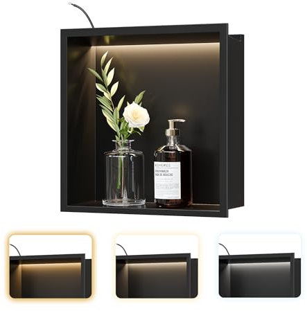 Neohomee Douche niche murale en acier inoxydable avec lumière LED, niche de douche intégrée, 30 x 30 cm, avec 3 couleurs, pour rangement et décoration de salle de bain, noir mat