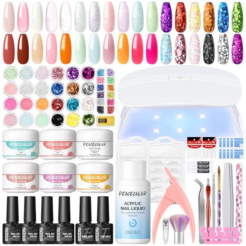 PEACECOLOR 37PCS Acrylic Nail Kit with Lamp, 6 Colors Acrylic Powder and Nail Liquid Monomer,4pcs Gel Nail Polish for Beginners DIY Salon Quality Nail Extension Set
